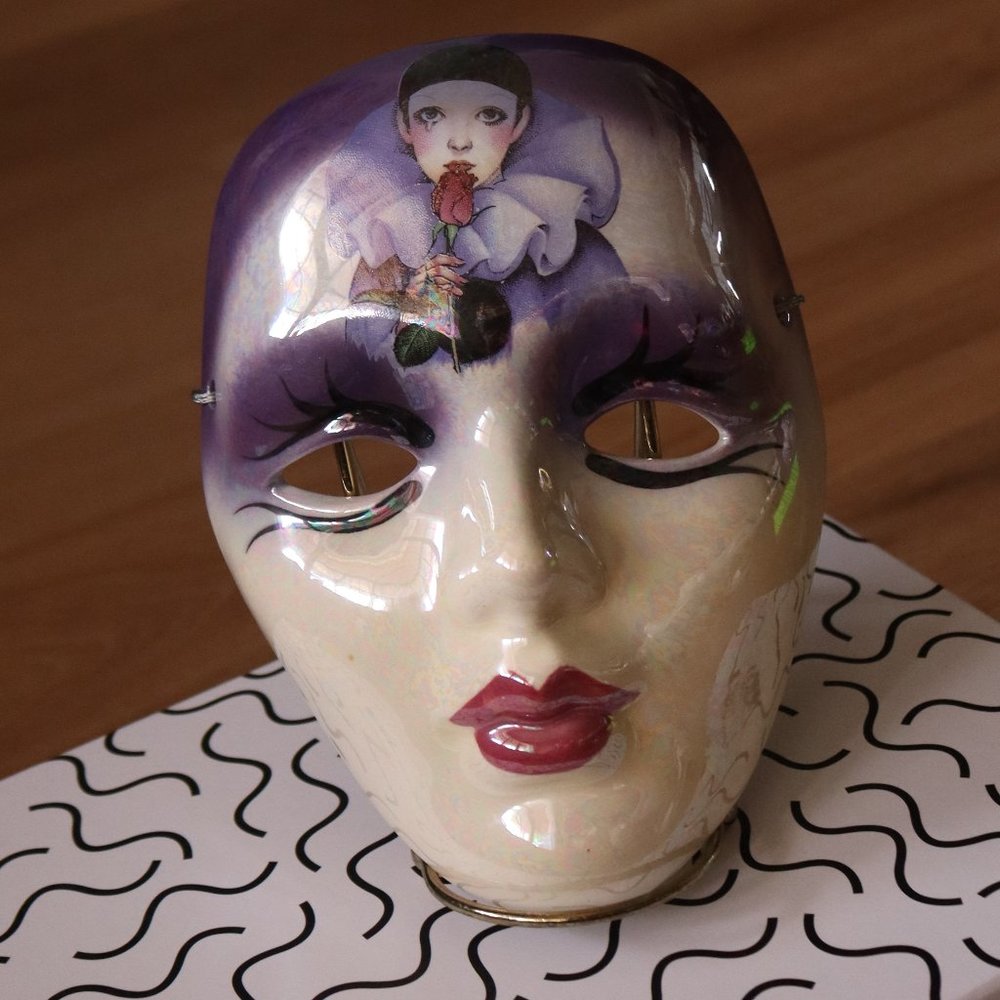 Signed Venetian Harlequin Carnival Ceramic Mask 1997 Hand Painted New Orleans